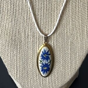 Vintage Hand Painted Blue Cornflowers on Porcelain in Gold Tone Setting Necklace